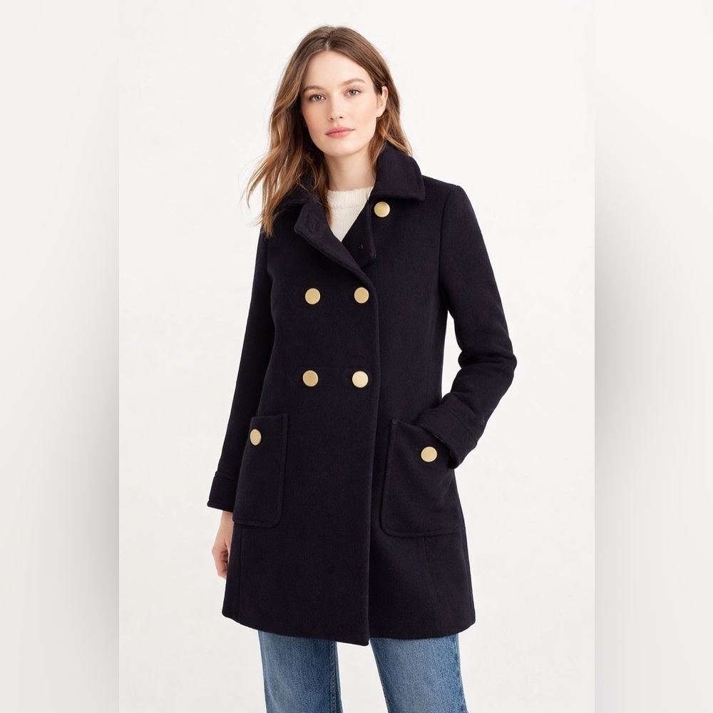 J.Crew Majesty Wool Blend Stadium Cloth Peacoat Navy Blue Gold Buttons Jacket - Picture 1 of 9